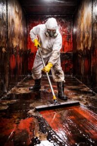 Tankreinigung Heizöltank durch Fachbetrieb Arbeiter im weißen Schutzanzug reinigt einen verschmutzten Heizöltank mit Abzieher